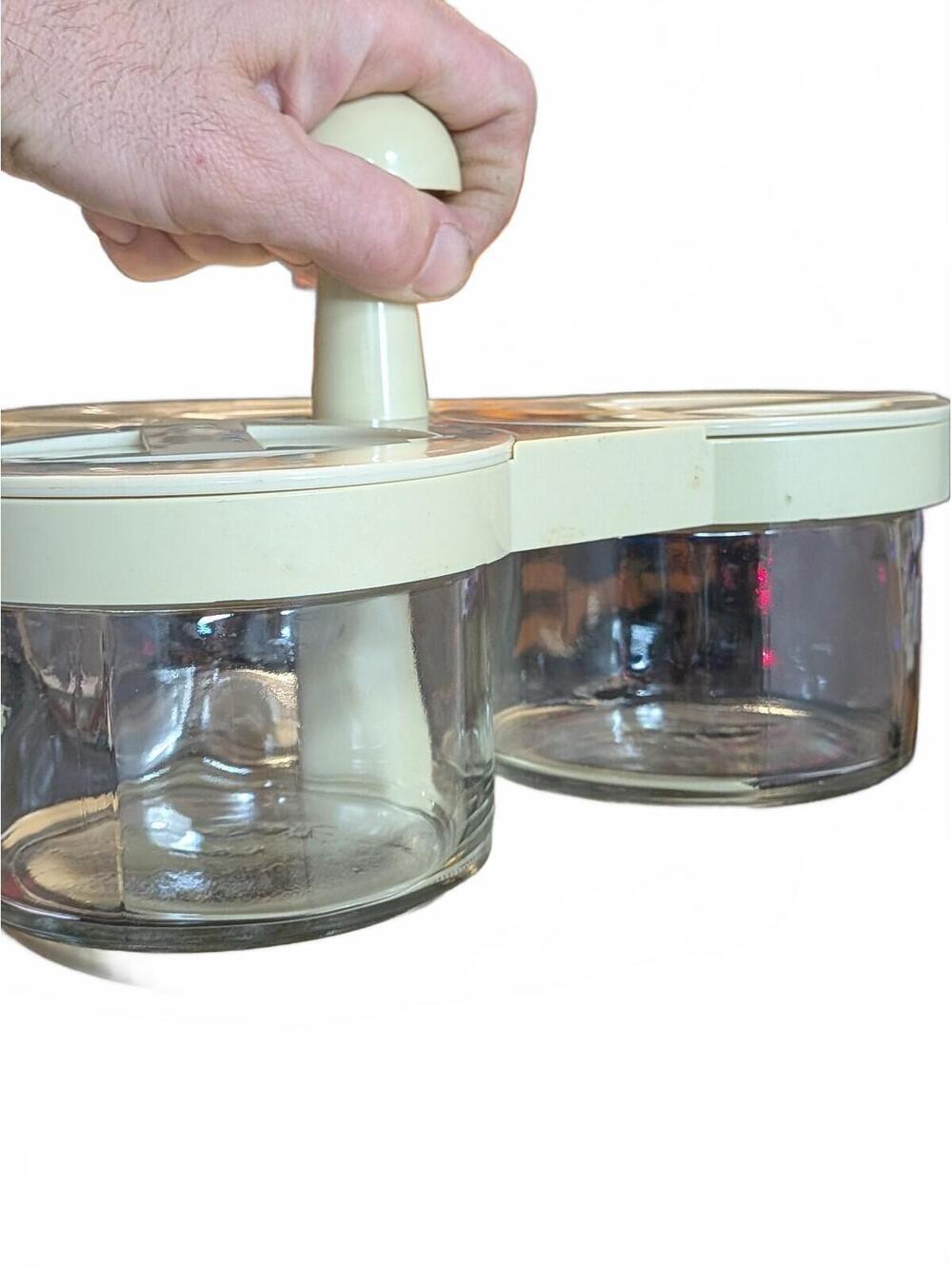 Vintage Plastic and Glass Rotating Spice Rack with Three Canisters